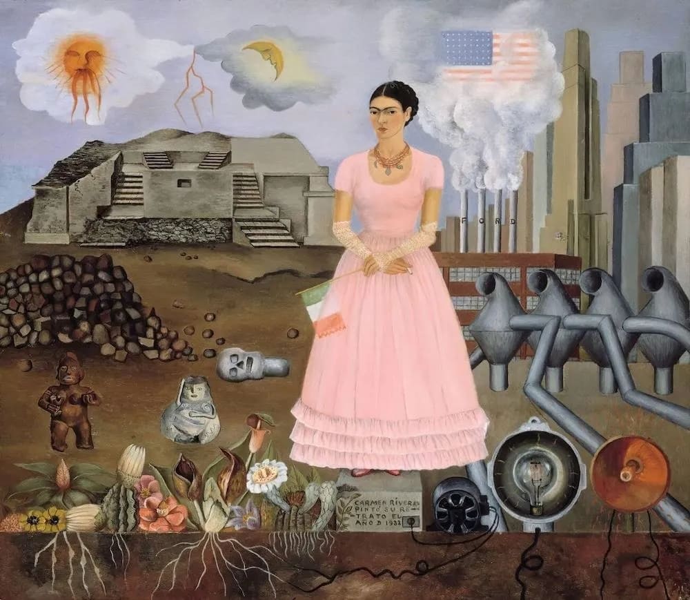 Frida Kahlo autoportrét s charakteristickým unibrow a kvetinovou korunou, ikonický obraz mexickej umelkyne