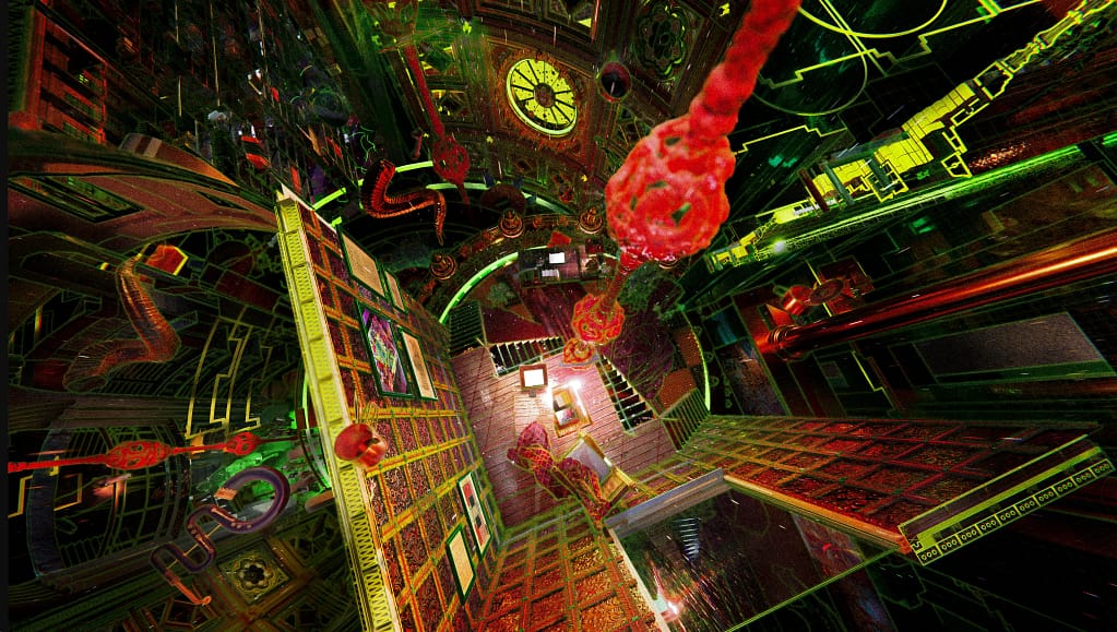 Záber z pohyblivého obrazu Bugarin + Castle Submit to Sound, 2026 — psychedelická digitálna architektúra s organickými formami v červenej, žltej a zelenej.