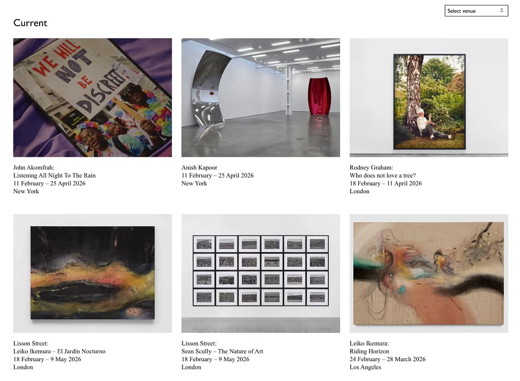 Prehľad aktuálnych výstav Lisson Gallery 2026 – John Akomfrah, Anish Kapoor, Rodney Graham, Leiko Ikemura, Sean Scully v Londýne, New Yorku a Los Angeles