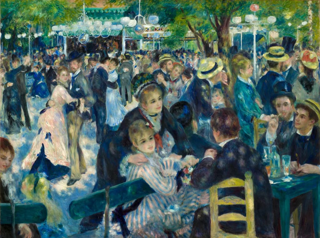 Auguste Renoir, Bal du moulin de la Galette, 1876 — živá scéna tanečnej zábavy v plenéri s farebnými skupinami ľudí v impresionistickom štýle.