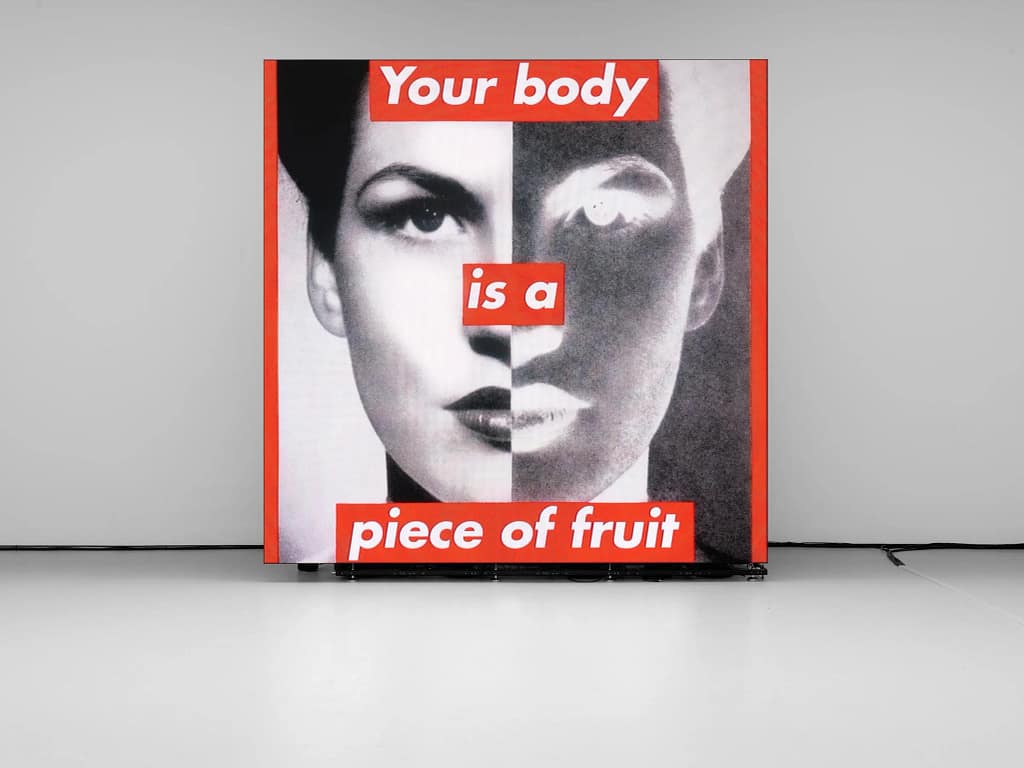 Art Basel Awards 2026 — Barbara Kruger, Untitled Your body is a battleground, 1989/2019, čiernobiela fotografia tváre s červenými textovými bannermi, David Zwirner New York.