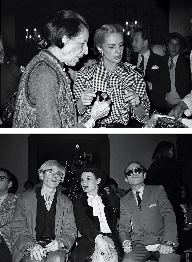 Diana Vreeland a Carolina Herrera na prehliadke v Metropolitan Clube, Andy Warhol a Paloma Picasso v publiku