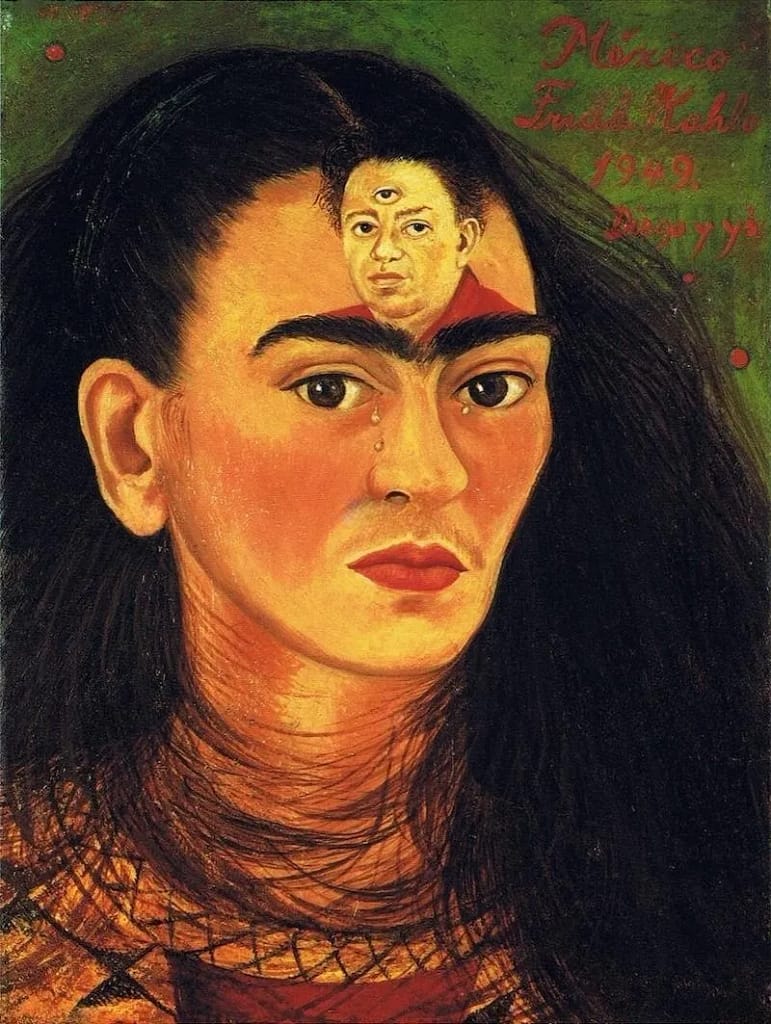 Frida Kahlo, Diego and I, 1949, autoportrét s Diegom Riverom ako tretím okom na čele, olej na plátne
