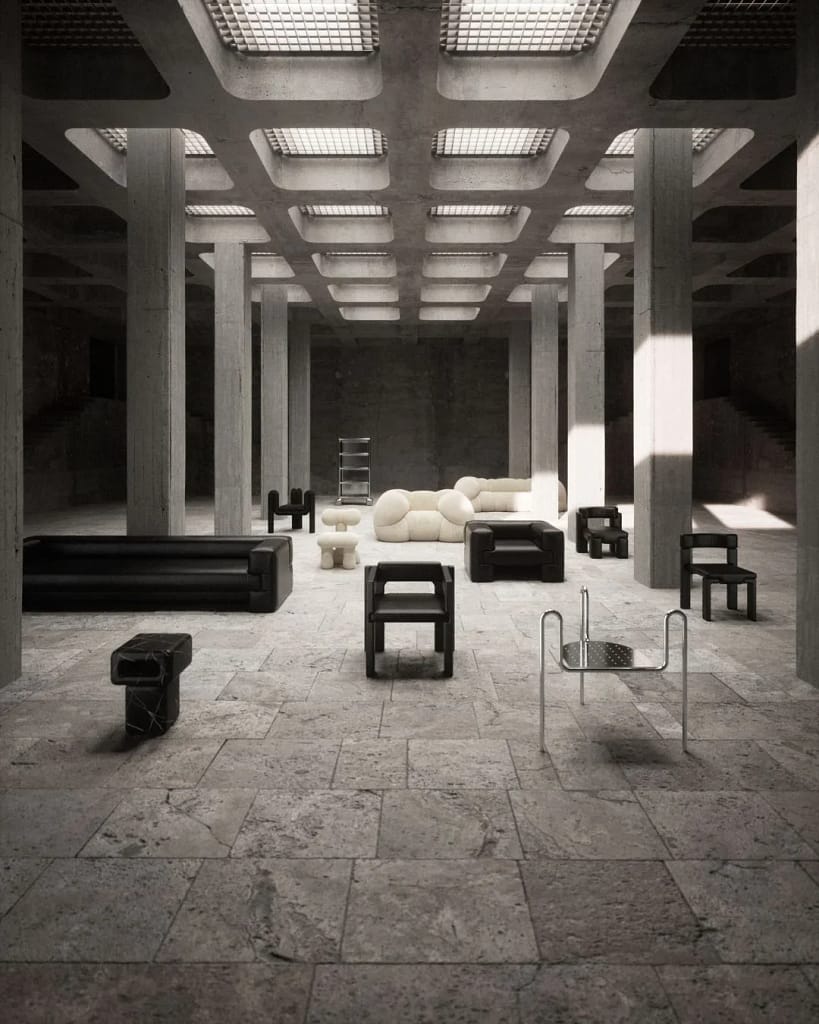 A-N-D a Boon Editions, výber kolekčného nábytku v industriálnom priestore s betónovými stĺpmi, 5VIE Design District, Armonie Invisibili, Milan Design Week 2025.