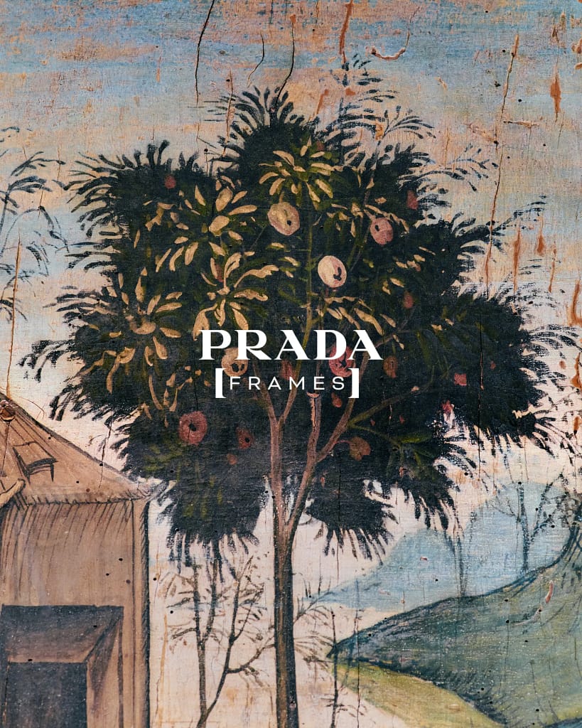 Vizuál Prada Frames 2026 — logo Prada Frames na pozadí historickej fresky s tropickými rastlinami.