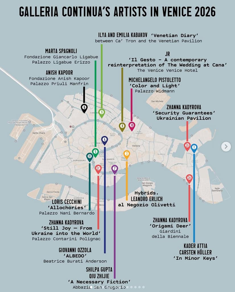 Galleria Continua Biennale 2026 — mapa projektov v Benátkach: Kadyrova, Erlich, Kapoor, Pistoletto, JR a ďalší.